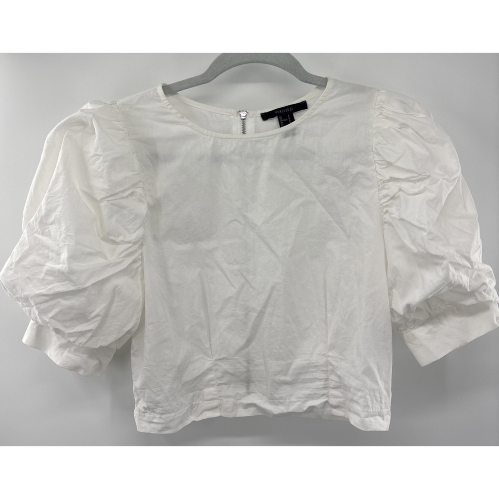 Forever 21 Cropped Zip Blouse Puff Sleeves White Womens‎ Small Festival Coquette